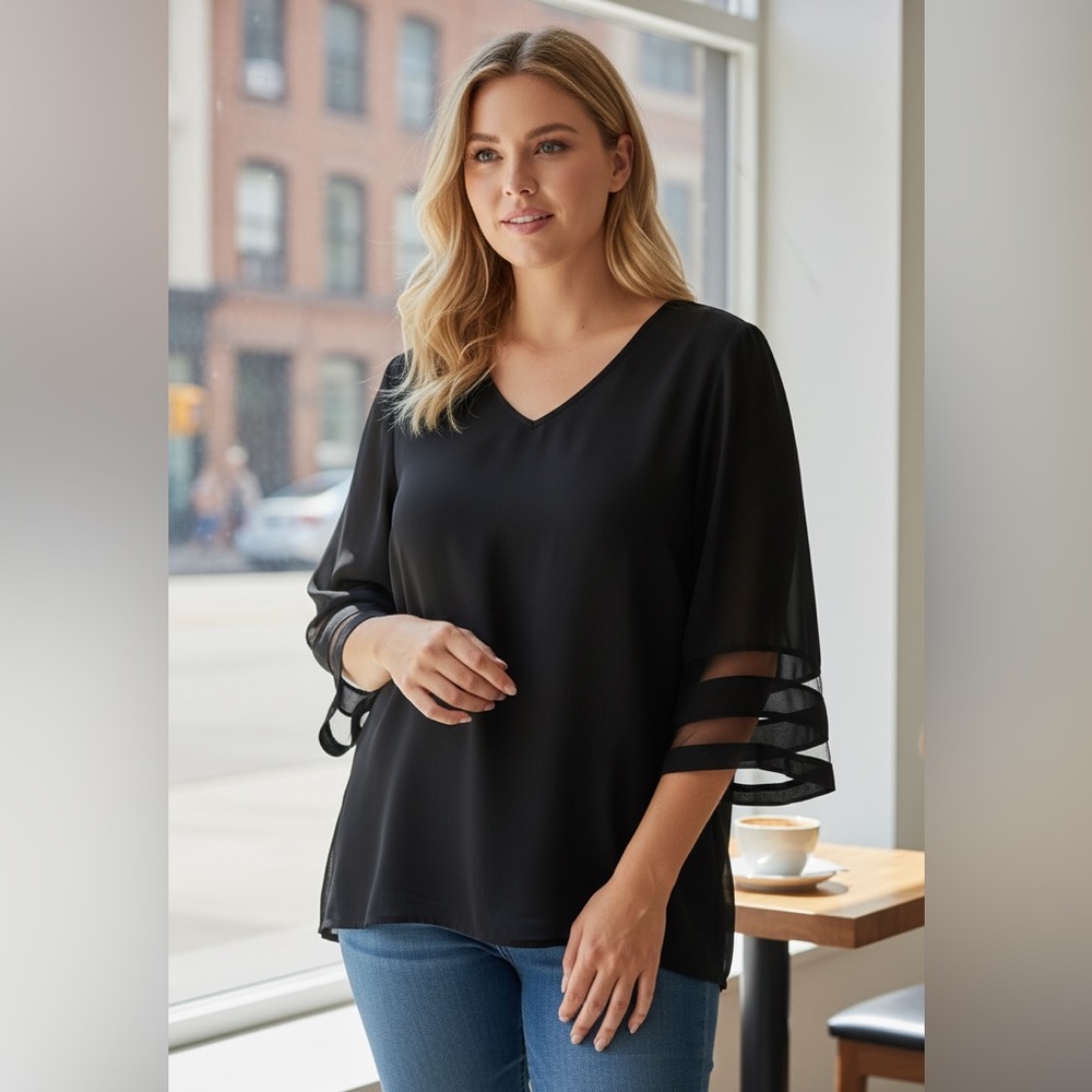 NEW•1X•Creme De La Creme Classy Flounce Sheer Sleeve Top